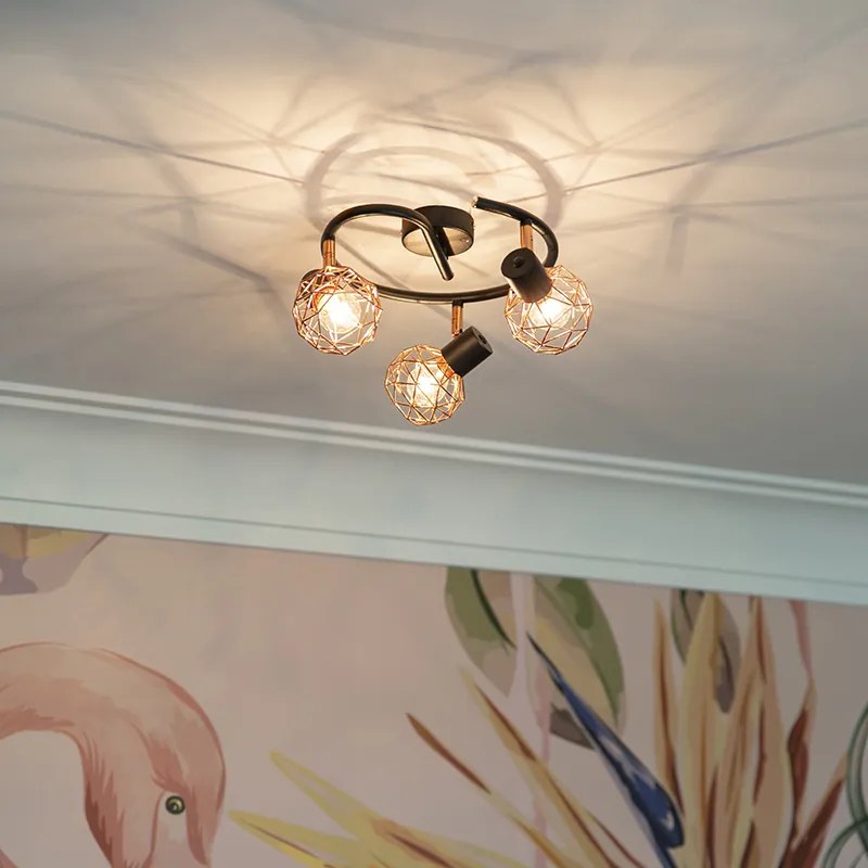 Модерен прожектор черен с мед 3-светлина - Mesh