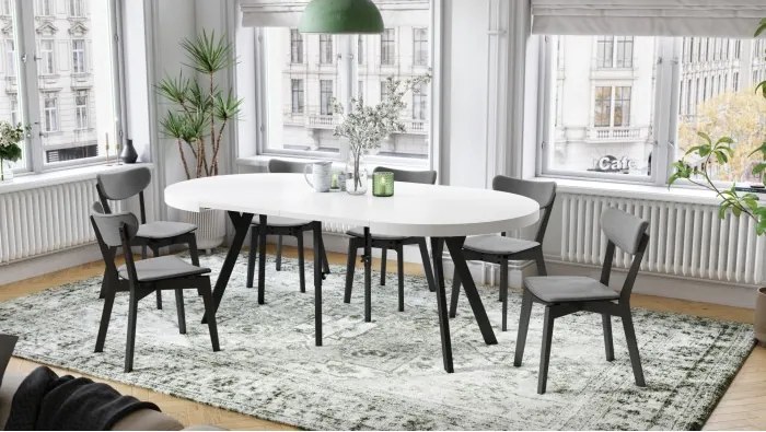 ЕКСПАНСО Бял мат/черни крака - ГОЛЯМА КРЪГЛА МАСА Ø110 РАЗТЕГАТЕЛНА ДО 310 cm С КРАКА Y ЛОФТ/ИНДУСТРИАЛНА