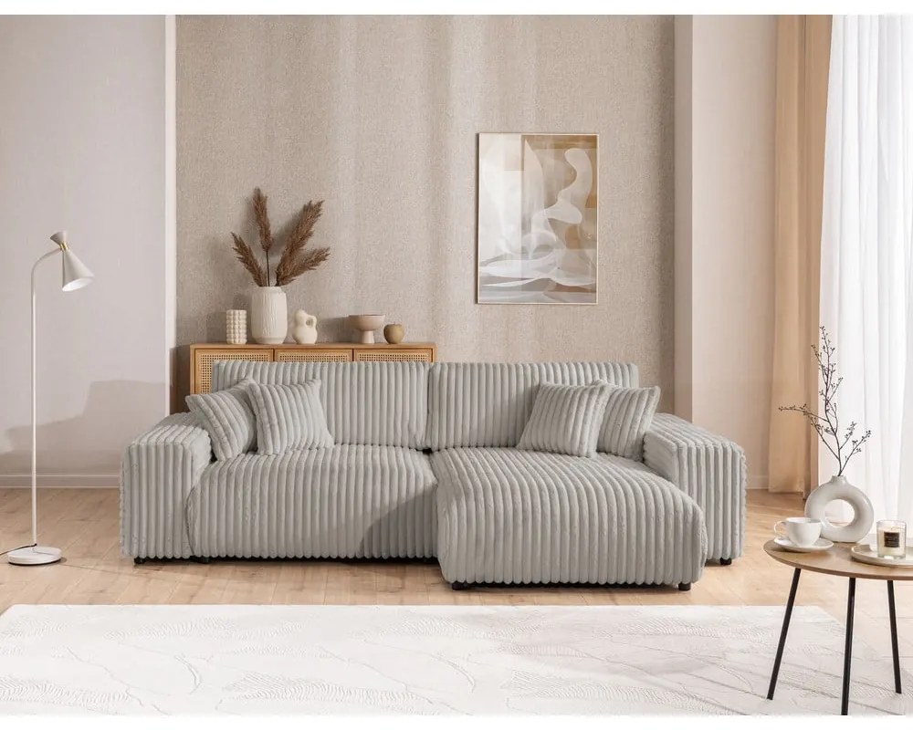 Светлосив разтегателен ъглов диван от рипсено кадифе с място за съхранение (десен ъгъл) Sarina – Ropez