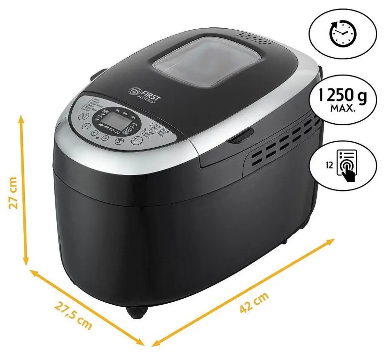 Хлебопекарна FIRST FA-5152-3-BA, 850W, 1.25 кг, 12 програми, Таймер, Незалепващо покритие, Черен/инокс