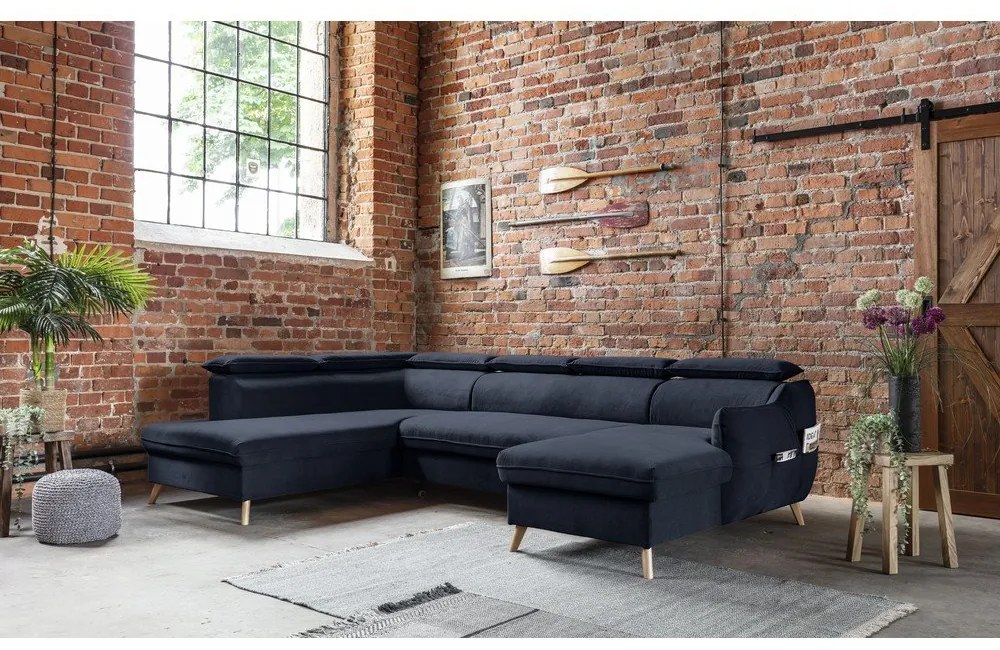 Тъмносин кадифен U-образен ъглов диван (ляв ъгъл) Sweet Harmony - Miuform