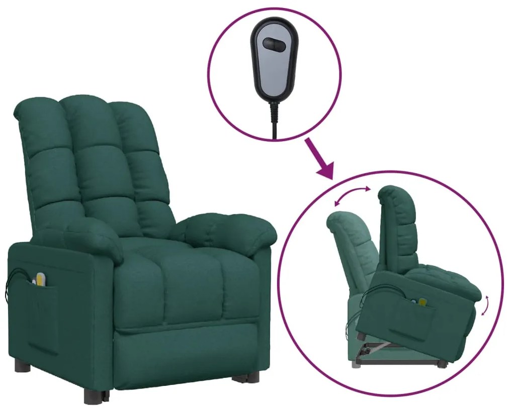 3100358 vidaXL Изправящ масажен стол, тъмнозелен, текстил