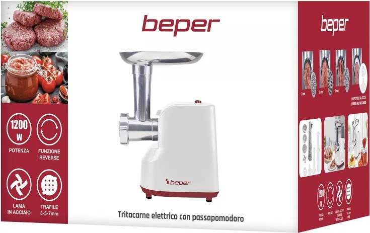 Месомелачка с приставка за домати Beper P102ROB200, 1200W, 3 ножа, ABS, Обратна функция, Бял