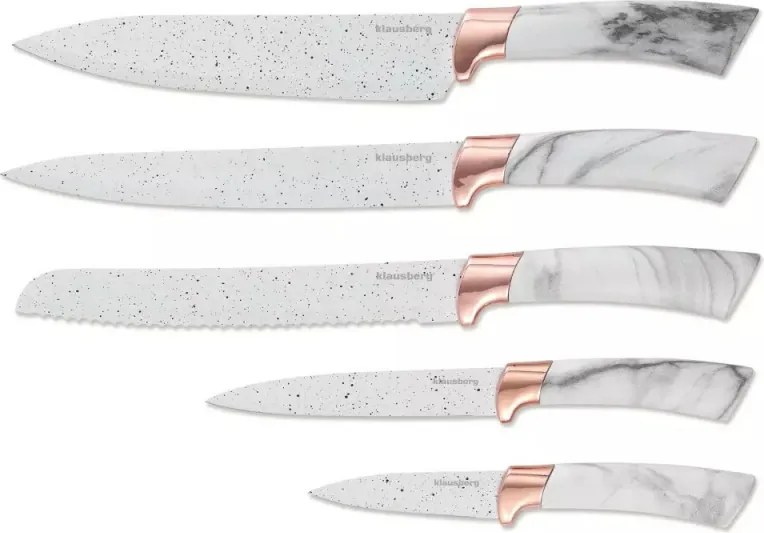 Комплект ножове със стойка Klausberg KB 7769, 6 части, Ергономични дръжки, Неръждаема стомана, Бял мрамор