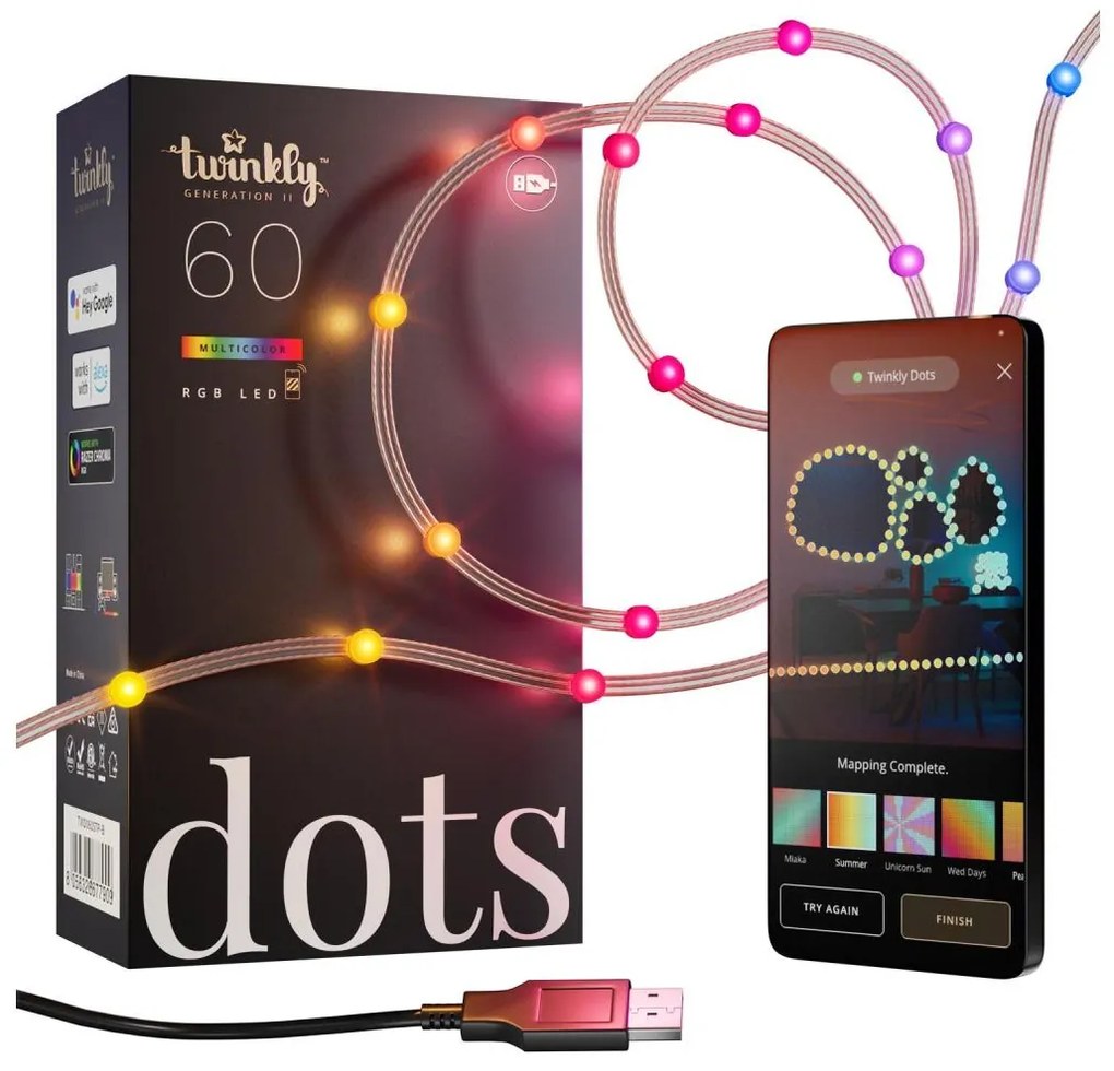 Twinkly TWD060STP-T - LED RGB гирлянд DOTS с регулируема яркост 60xLED 7 m USB Wi-Fi