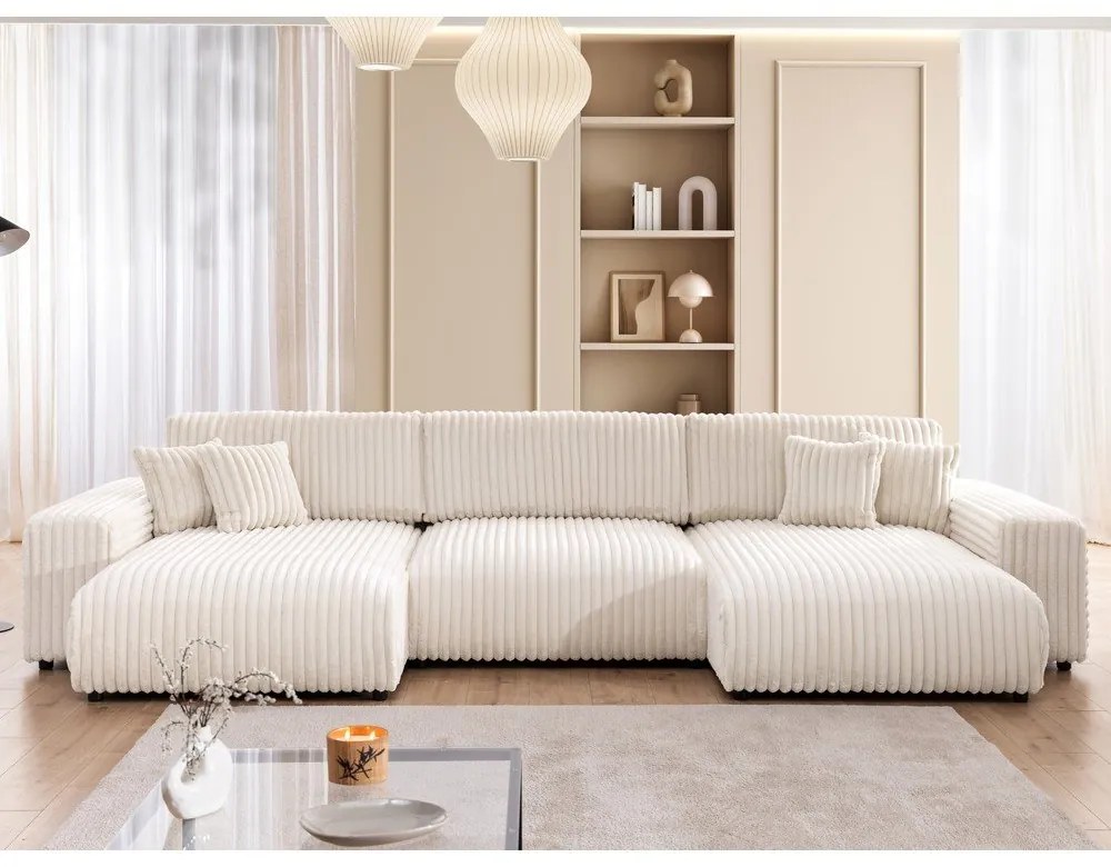 Кремав разтегателен ъглов диван с място за съхранение от рипсено кадифе (U форма) Sarina – Ropez