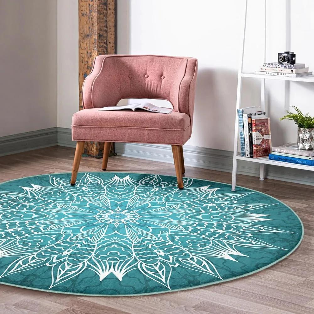Тюркоазен кръгъл килим подходящ за пране и за прахосмукачки роботи ø 80 cm Comfort – Mila Home