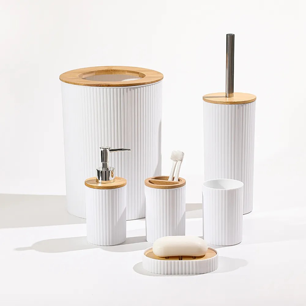 Комплект аксесоари за баня Ruhhy 24635, 6 части с бамбукови детайли, бял