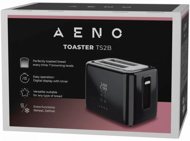 Тостер за хляб AENO ATS0002B, 930W, 7 степени, Сензорно управление, Обратен таймер, Защита при засядане, Тих, Черен