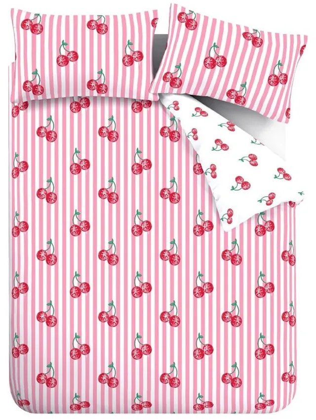 Бяло-розово двойно удължено спално бельо 230x220 cm Disco Cherries Stripes – Catherine Lansfield