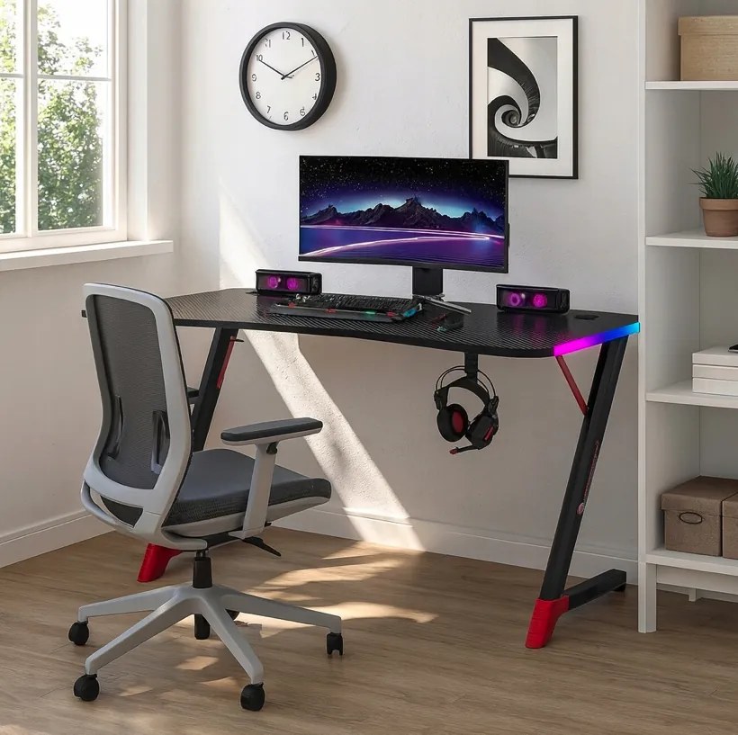 Черна геймърска маса, PC маса с RGB LED осветление Šírka: 120 cm