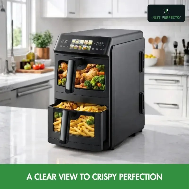 Двоен фритюрник с горещ въздух Just Perfecto JP-AF10DB, 2600 W, 10 л, 10 програми, 80-200 C, Rapid Hot Air Circulation, Синхронизирано готвене, Черен