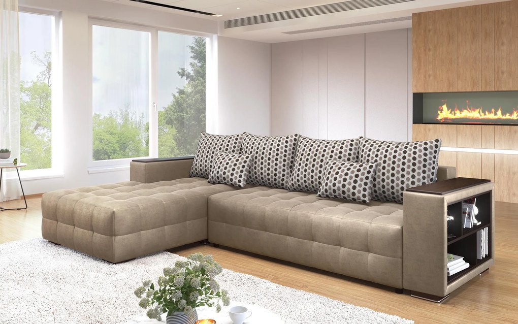 Разтегателен ъглов диван с подлакътник етажерка Мелвин