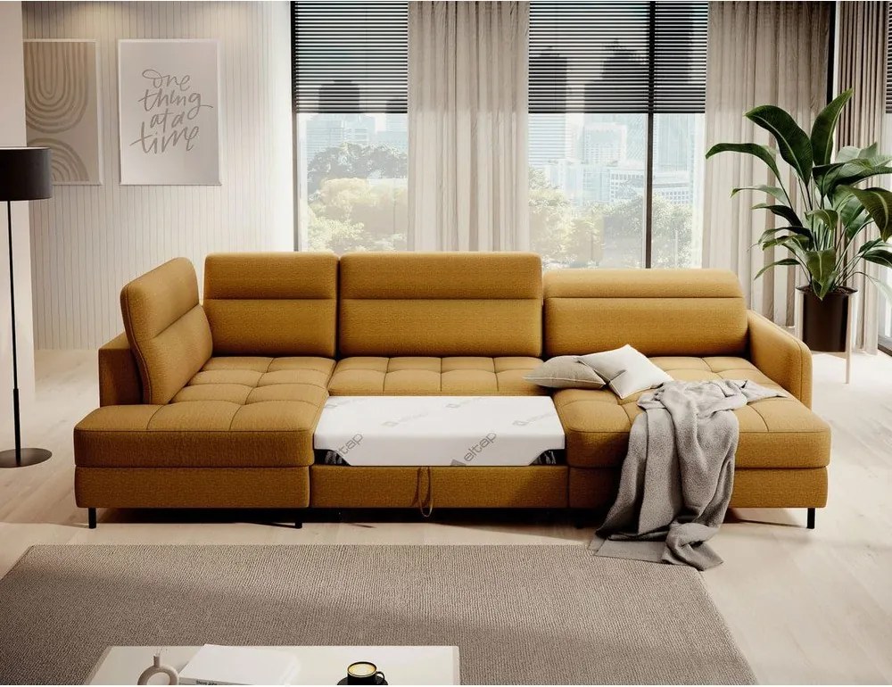Жълт кадифен разтегателен ъглов диван с място за съхранение (ляв ъгъл U форма) Berrto – ELTAP