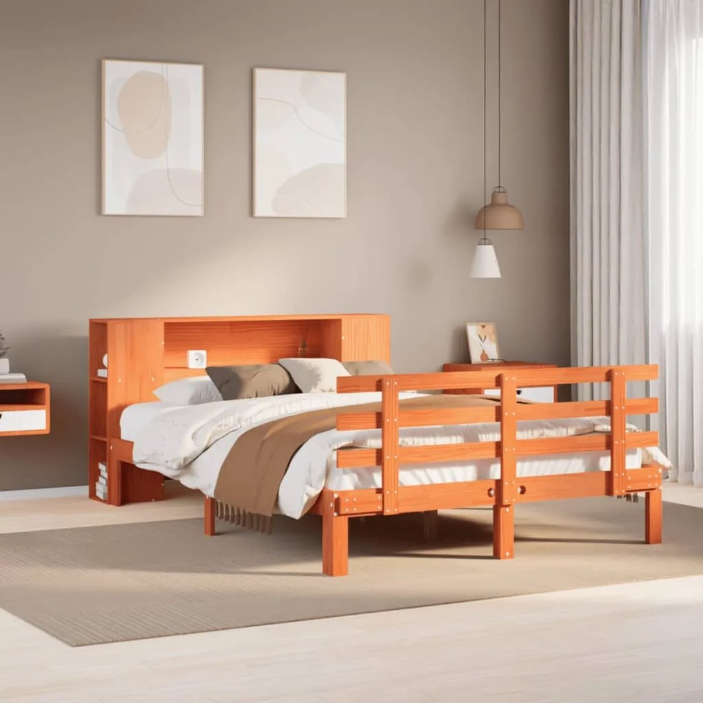 3322721 vidaXL Легло с етажерка за книги, без матрак, 135x190 см, бор масив