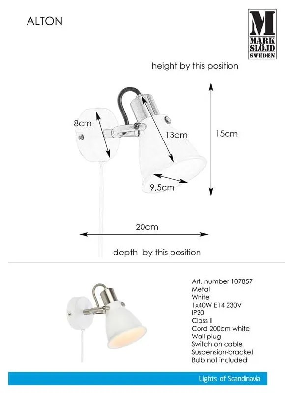 Бяла стенна лампа Alton - Markslöjd