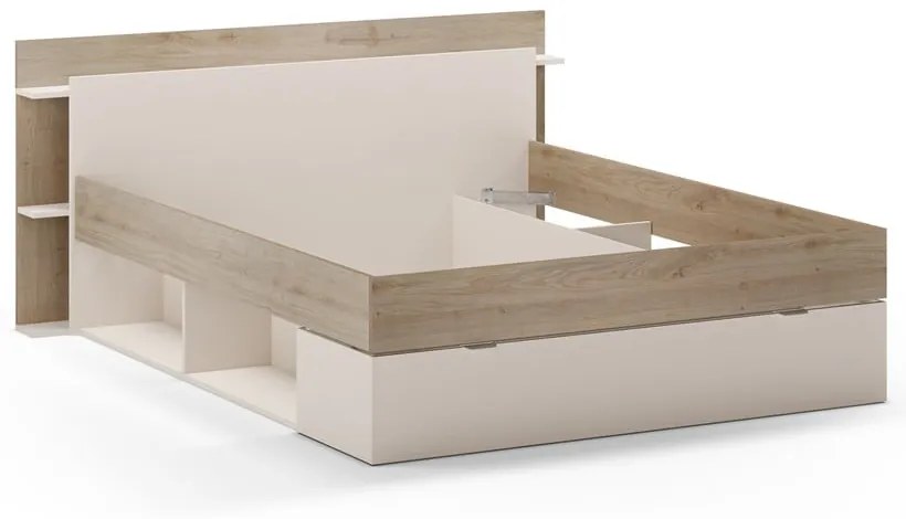Бяло-естествено двойно легло 160x200 cm от декор от дъб с място за съхранение без ламелно дъно Albo – Marckeric