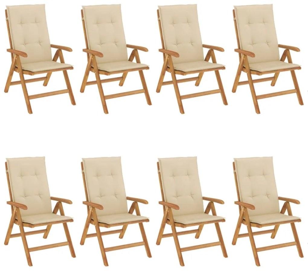 3196526 vidaXL Наклоняеми градински столове с възглавници, 8 бр, тик масив