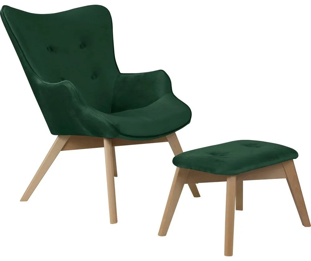 Тъмнозелен кадифен фотьойл с табуретка Niko – Ropez