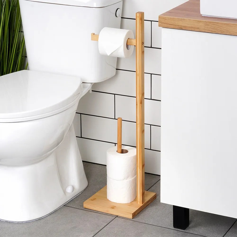 Бамбукова стойка за тоалетна хартия с място за резервни ролки, 70см