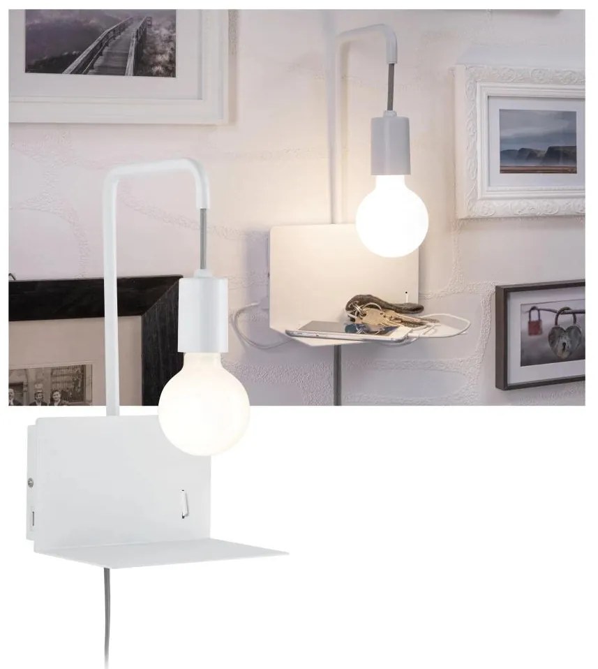 Paulmann 79812 - 1xE27/40W Аплик с полица и USB порт CALVANI 230V бял