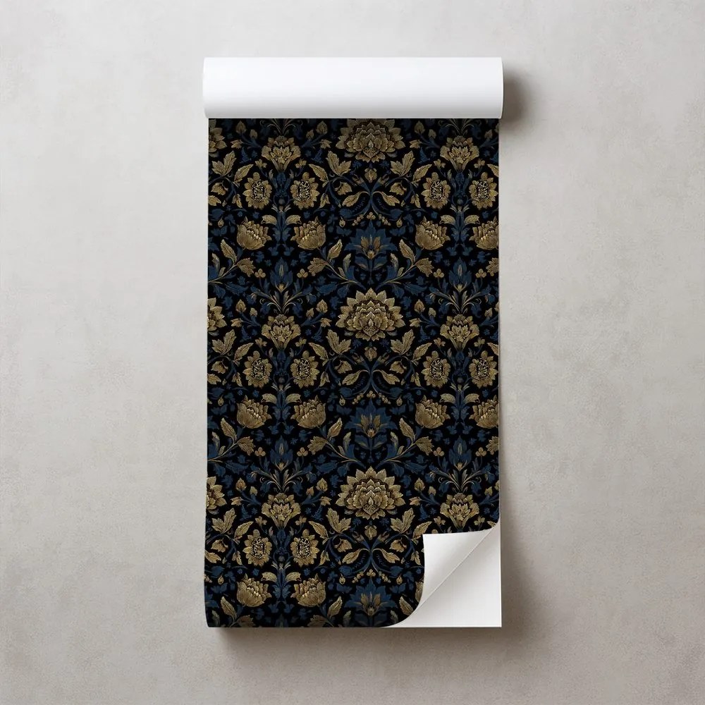 Самозалепващ тапет – Златни цветя на тъмен фон