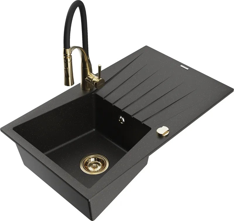 Mexen Cesar гранитна мивка с 1 отделение със сушилня и кухненски смесител Aster, черен/златен металик - 6514-75-73450-57-G
