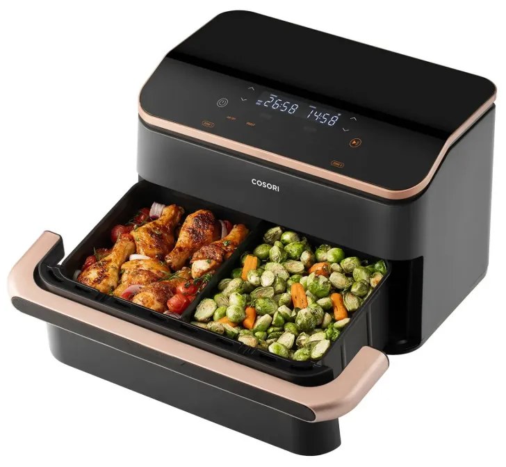 Двоен фритюрник с горещ въздух Cosori Dual Blaze TwinFry CAF-TF101S, 10 л, 6 програми, 35-240 C, Таймер, ThermoIQ, Синхронизирано готвене и приключване, Черен