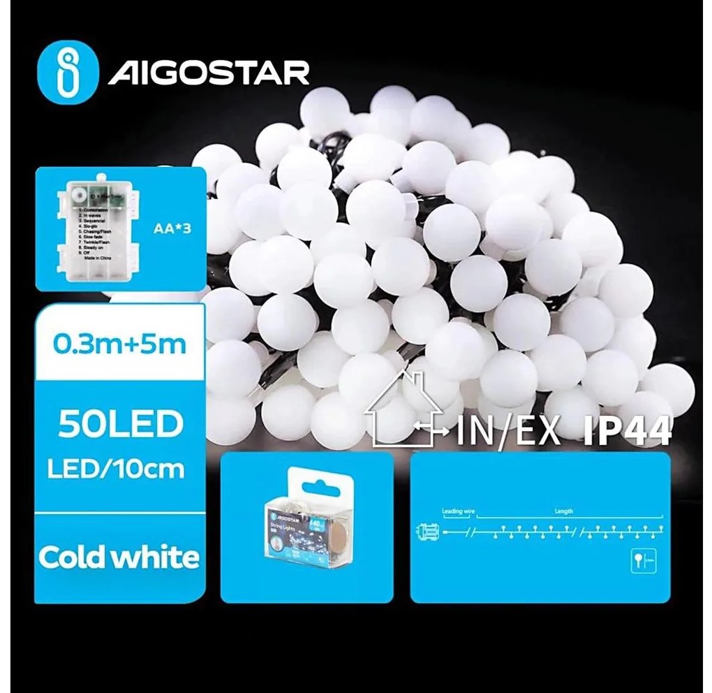 Aigostar - LED Екстериорни лампички 50xLED/3xAA/8 функции 5,3 м IP44 студено бял