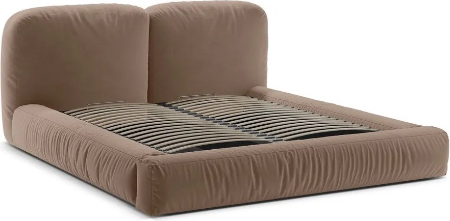 Светлокафяво тапицирано двойно легло с място за съхранение и включена подматрачна рамка 200x200 cm Martina – Micadoni