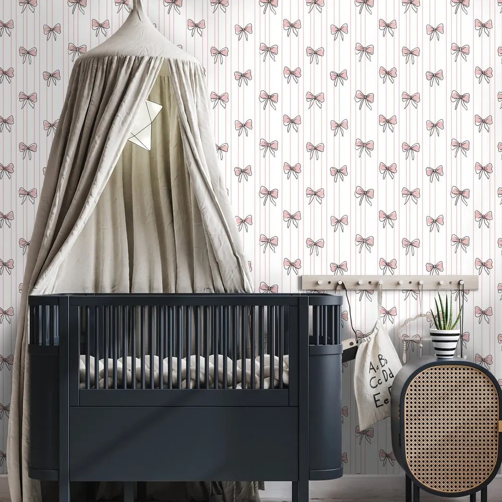 Самозалепващ тапет – Розови панделки на бял фон