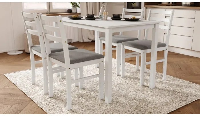 Комплект ТОРИНО маса + 4 стола Бяло/Светло сиво (тъкан Савана 21) - ДЪРВЕН КОМПЛЕКТ ЗА КУХНЯ/ТРАПЕЗАРИЯ