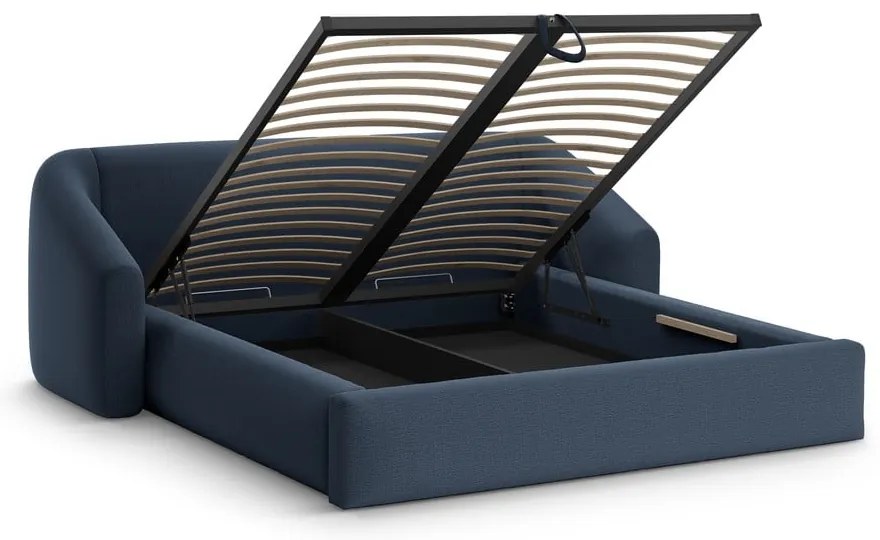 Тъмносиньо двойно легло 200x200 cm тапицирано с място за съхранение с включена подматрачна рамка Campi – Cosmopolitan Design
