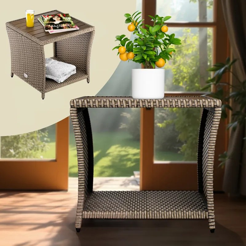 Странична маса от полиротанг с плот от акациева дървесина 45 × 45 cm Сив