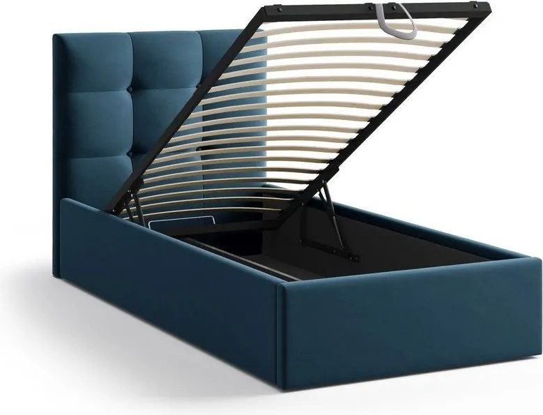 Синьо единично легло 90x200 cm тапицирано с място за съхранение с включена подматрачна рамка Phaedra – Micadoni