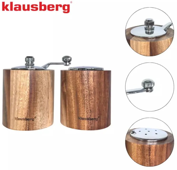 Комплект мелничка за пипер и солница Klausberg KB 7859, Керамичен механизъм, Акациево дърво, Кафяв
