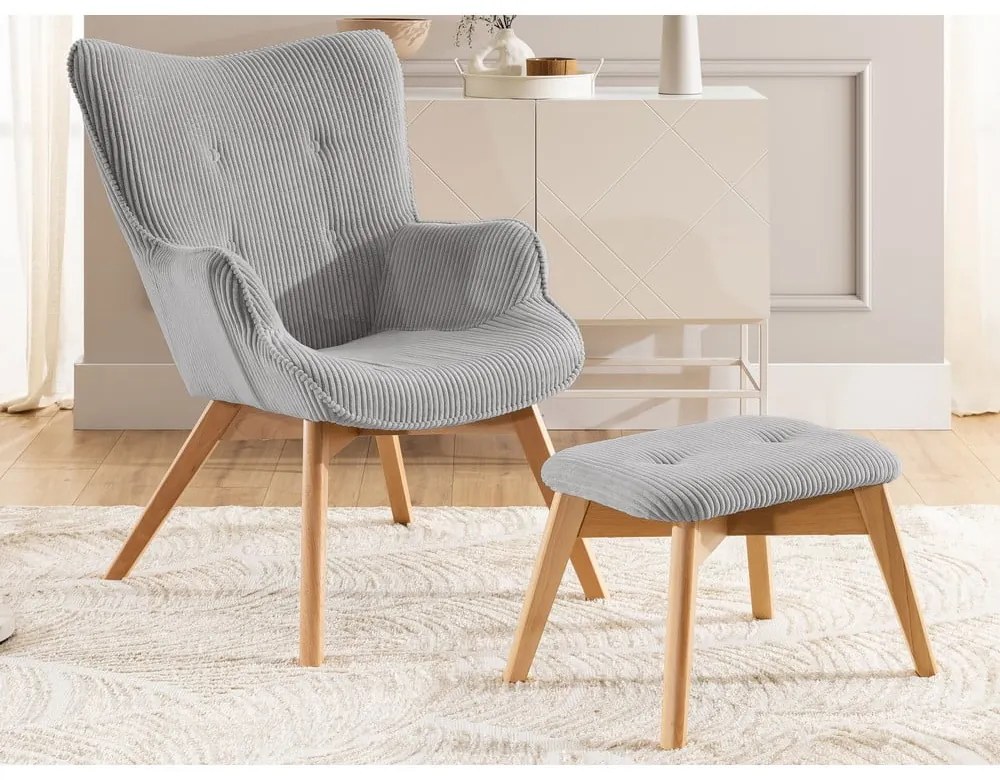 Сив фотьойл с табуретка от рипсено кадифе Niko – Ropez