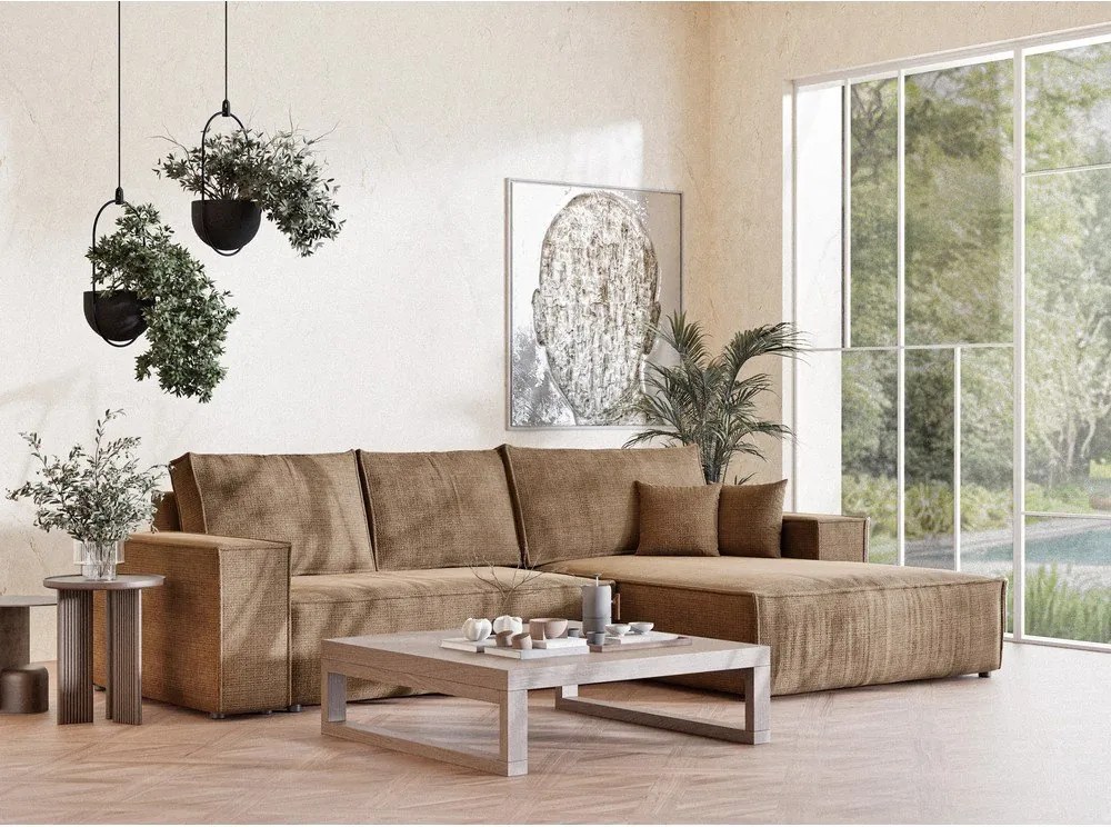 Светлокафяв шенилов сгъваем/с място за съхранение ъглов диван (десен ъгъл) Maze – Maison de Rêve