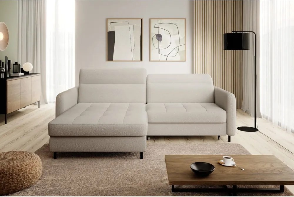 Бежов разтегателен ъглов диван с място за съхранение от букле (ляв ъгъл) Gomsi – ELTAP