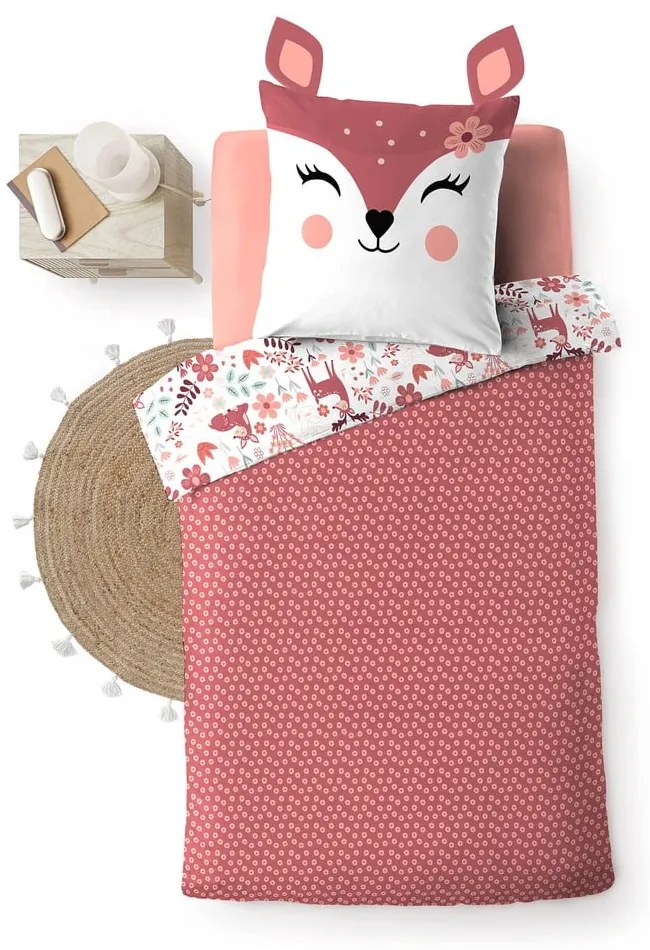 Бяло/розово единично памучно детско спално бельо 140x200 cm Bichette – douceur d'intérieur