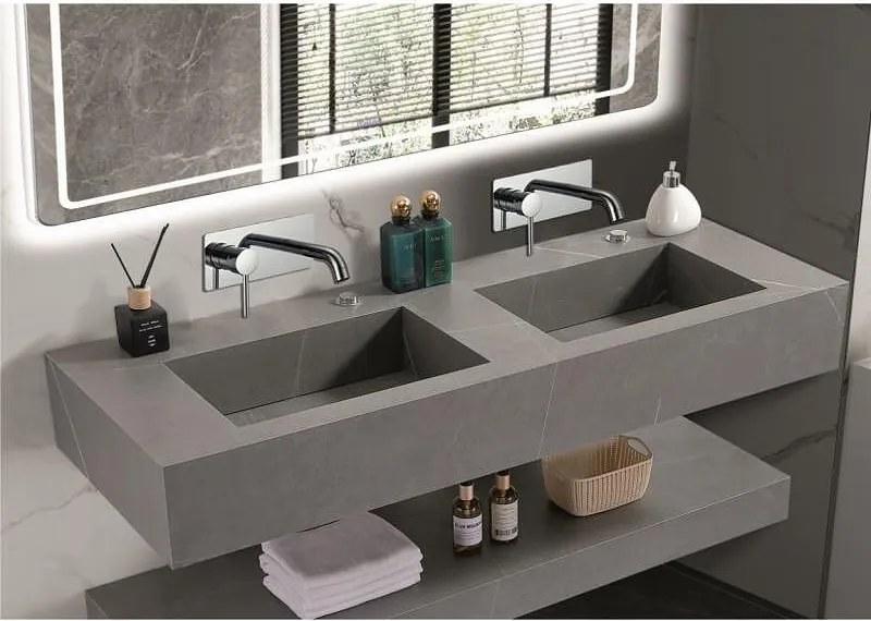 Мивка за баня PIETRA ICL 12049/140G БЕЗ ОТВОР, стенен монтаж, кварц, сив мат, 140x50x18см