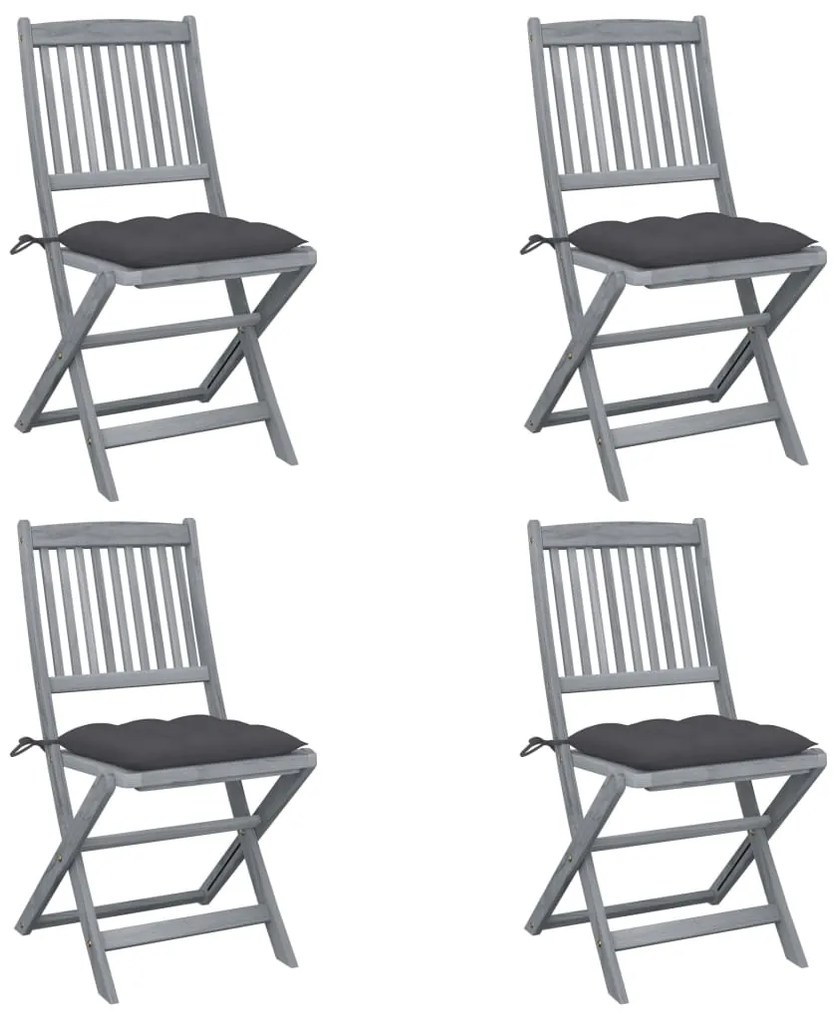 3064578 vidaXL Сгъваеми градински столове, 4 бр, с възглавници, акация масив