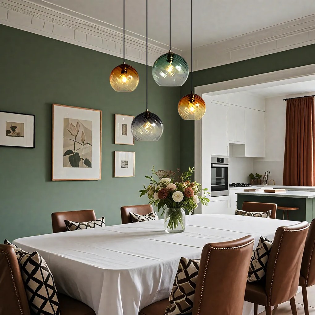 Висяща лампа бронз с димно кехлибарено и зелено стъкло кръгла 4 светлини - Bao