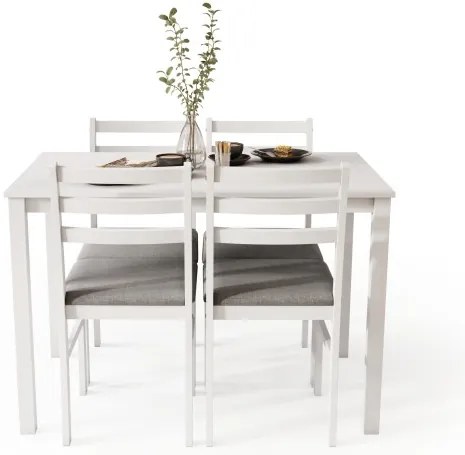Комплект ТОРИНО маса + 4 стола Бяло/Светло сиво (тъкан Савана 21) - ДЪРВЕН КОМПЛЕКТ ЗА КУХНЯ/ТРАПЕЗАРИЯ