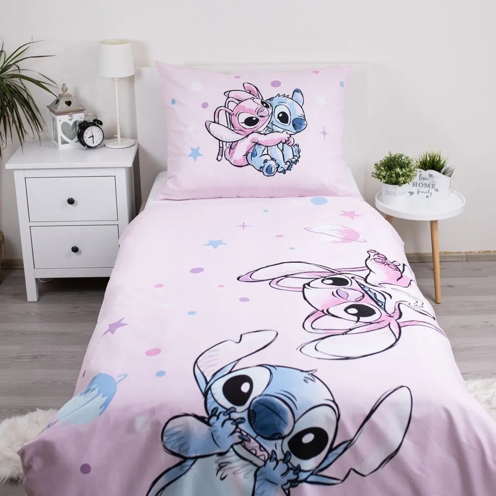 Розово единично памучно детско спално бельо 140x200 cm Lilo a Stitch "Universe" – Jerry Fabrics