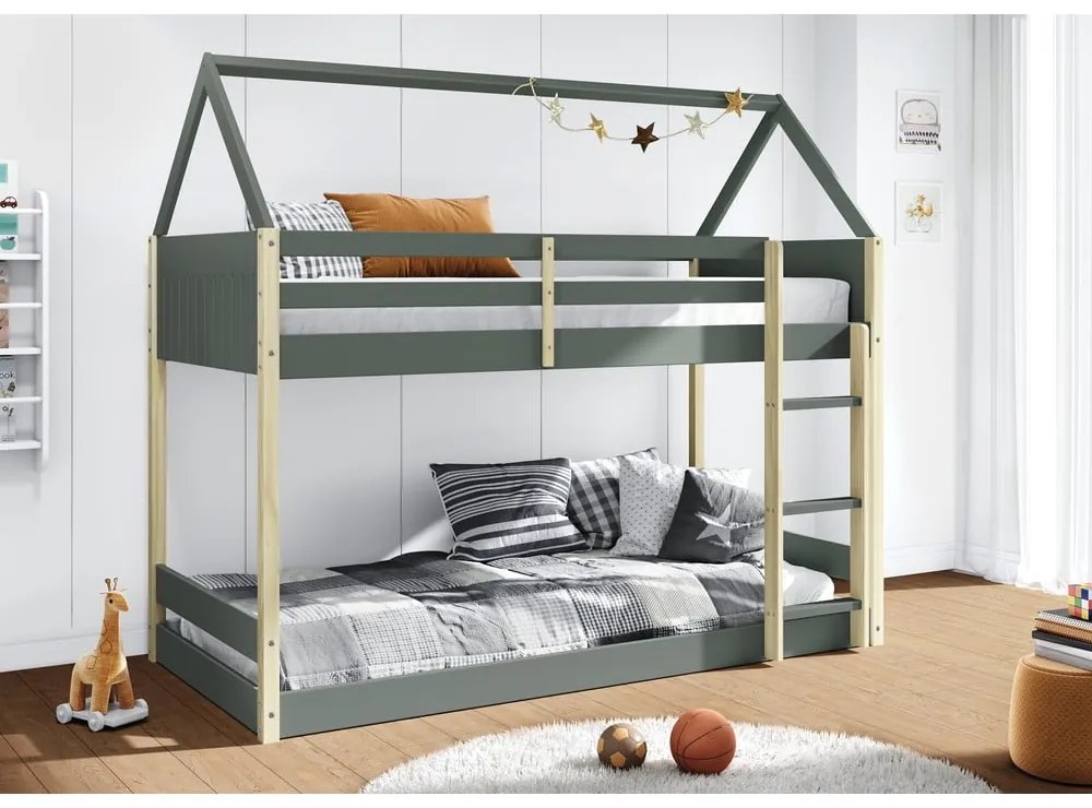 Къща/двуетажно детско легло 90x190 cm с включена подматрачна рамка в естествен цвят/сиво-зелено Valka – Marckeric