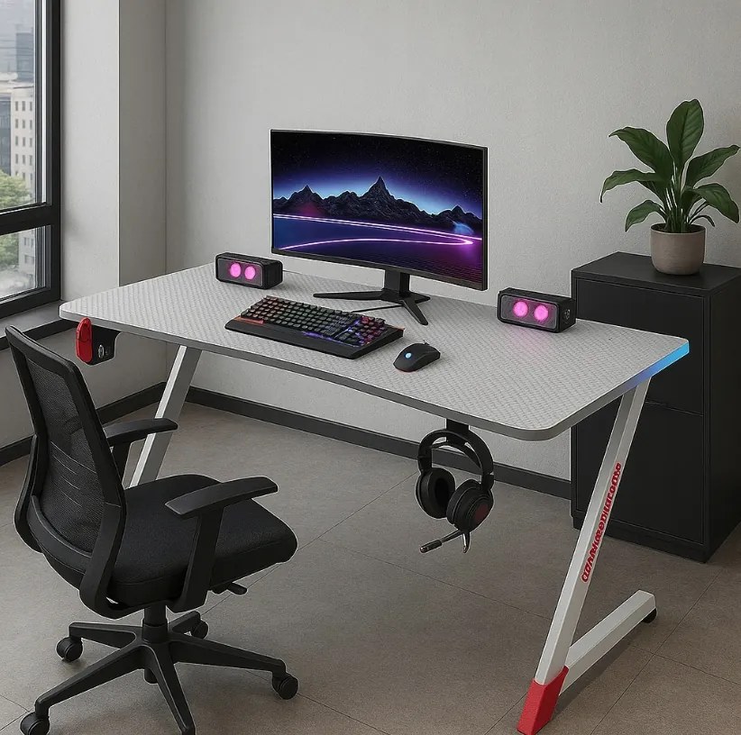 Бяла геймърска PC маса с RGB LED осветление Šírka: 140 cm