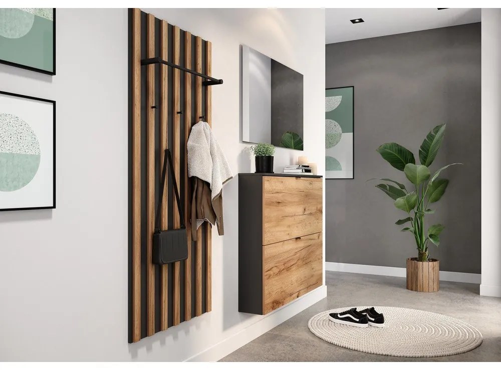 Накланяща се висяща стойка за обувки от декор от дъб в антрацитен и естествен цвят 100x85x19 cm Renell – Germania