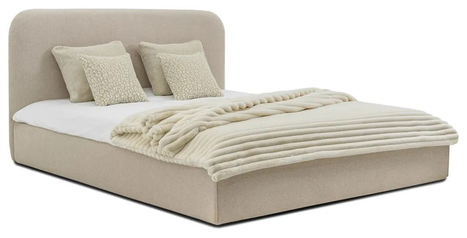 Бежово тапицирано двойно легло с място за съхранение с включена подматрачна рамка 140x190 cm Sea – Scandic