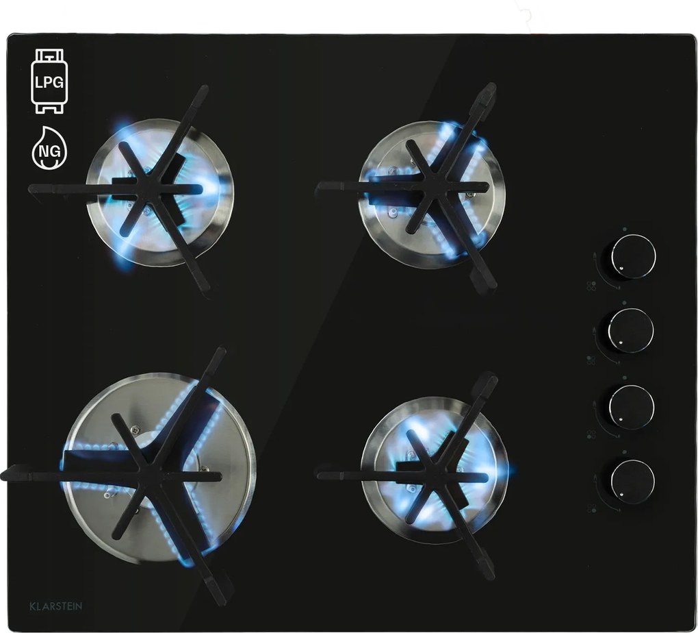 Klarstein Trifecta 4, газов котлон, 4 триъгълни горелки, стъклокерамика, черна